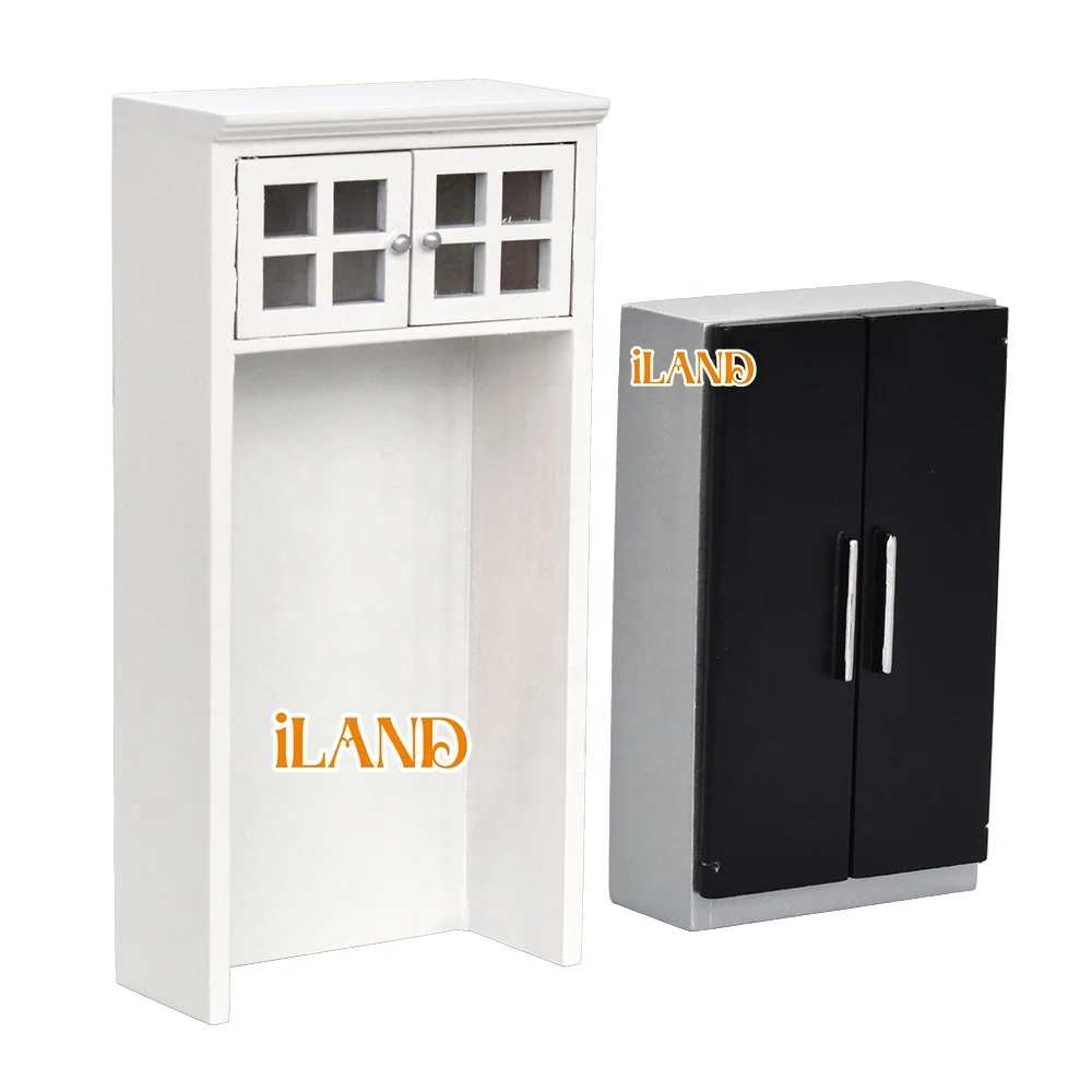 iLAND Wooden Dollhouse Furniture on 1/12 scale for Modern Doll House Kitchen Miniature Kitchen Cabinets Fridge Oven Microwave