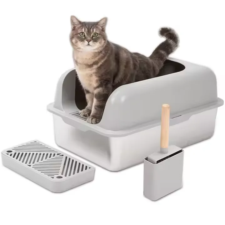 Wholesale Easy Install Large Stainless Steel Foldable Cat Toilet Pet Cleaning Litter Box with Plastic Accessories