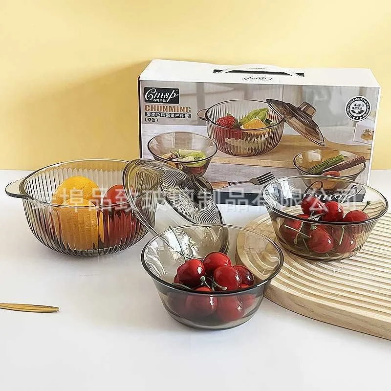 Three-piece Vertical Grain Glass Set With Lid Double Ear Glass Pot Noodles Bowl Household Dessert Salad Bowl Store Gift