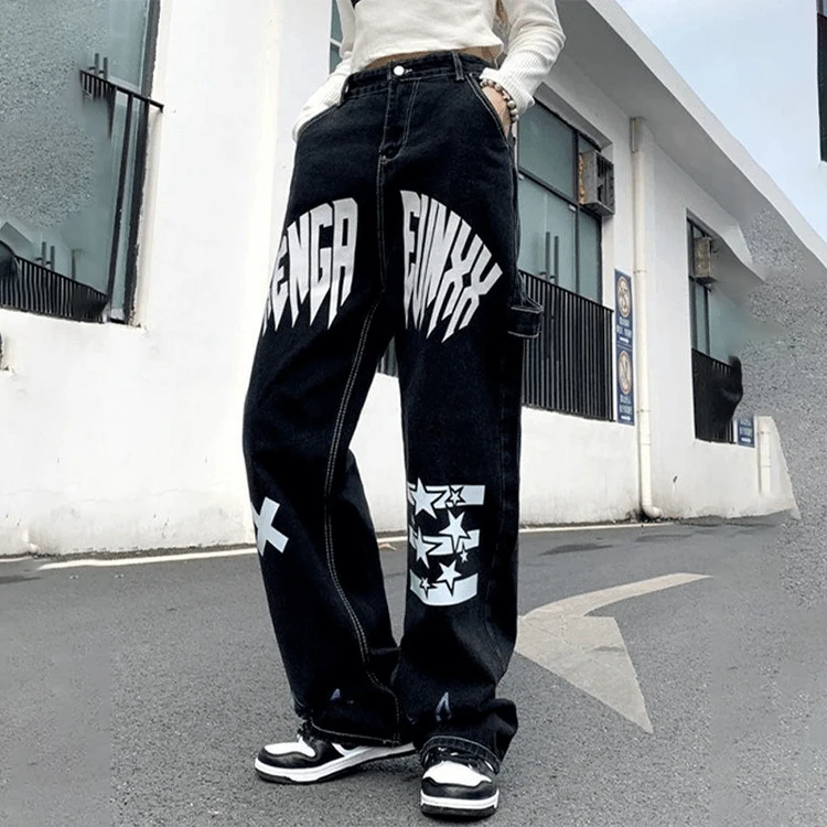 Custom Logo Print High Waist Jeans Vintage Streetwear Hip Hop Black Baggy Jeans Women Fashion Straight Wide Leg Jeans