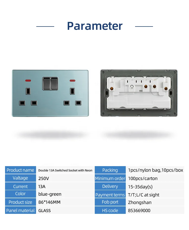 living room glass Double 13A switched socket with neon high quality modern indoor switched socket