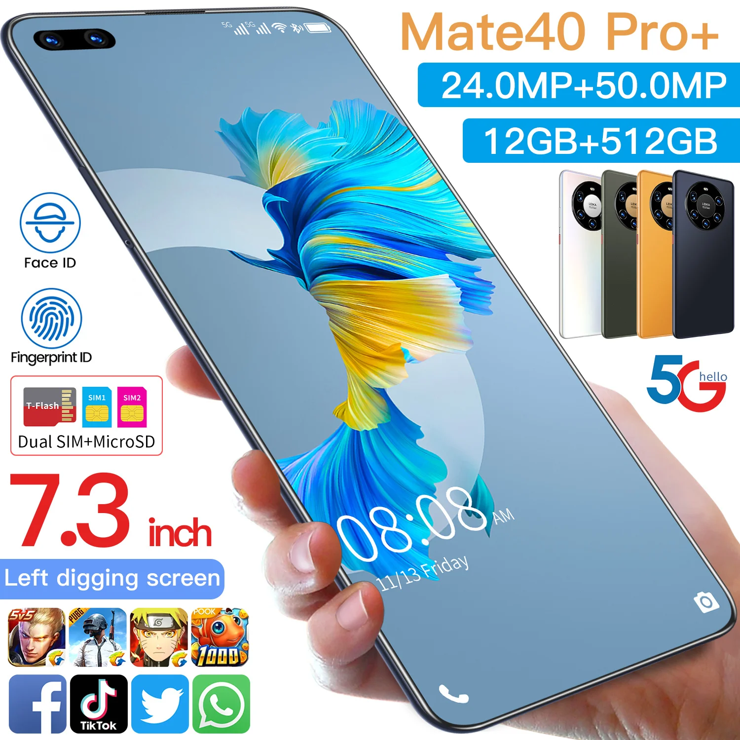 Хит продаж Mate 40 Pro + 12 Гб 512 7 3 дюйма полный дисплей Android 10 0 мобильный