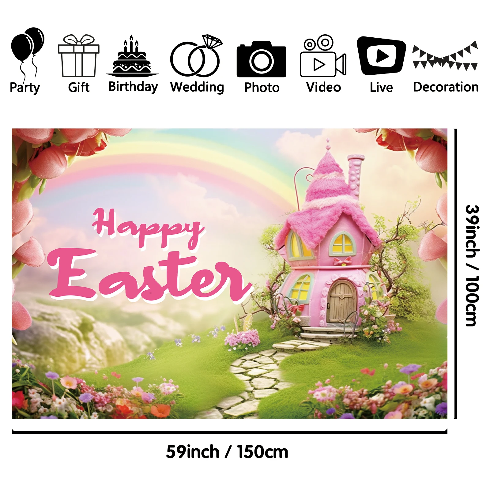 Happy Easter Photography Backdrop Bunny Rabbit Colorful Eggs Background Party Decor Photo Studio Props 59x39in