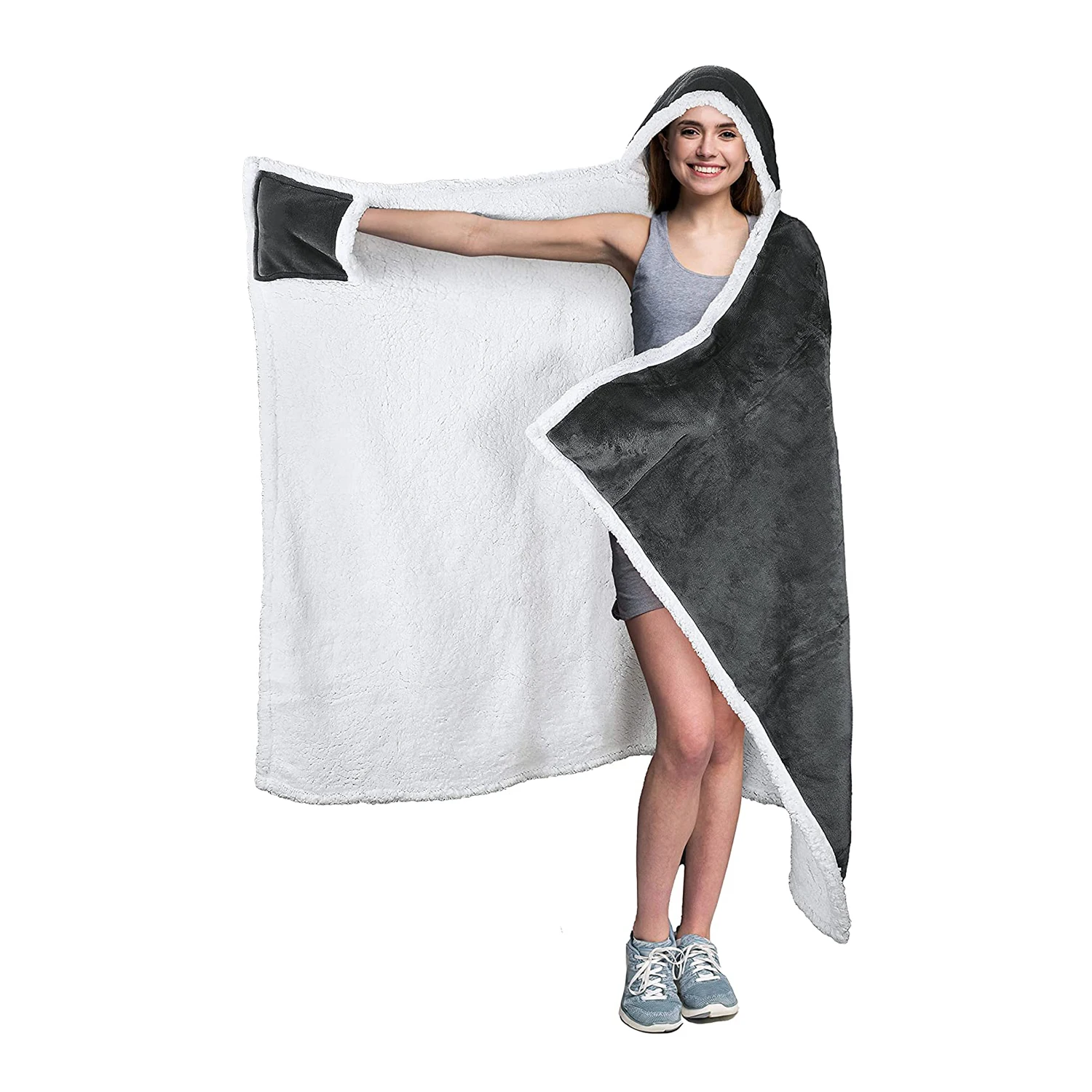 Bulk Wholesale Adults Custom Thick Warm Plush Soft Mink Fleece Sherpa Wearable Hooded Blanket for Winter