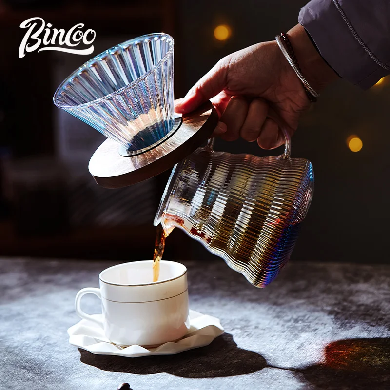 Bincoo Colorful Glass Coffee Filter with Wooden Stand for Pour Over Coffee Dripper