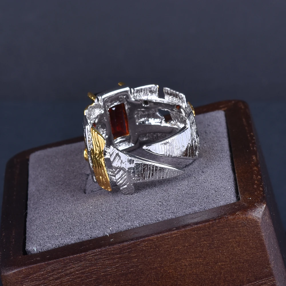 Natural Garnet Ring Italian Handicraft Retro Elegant Ring 925 Silver Gold Plated Natural Garnet Ring