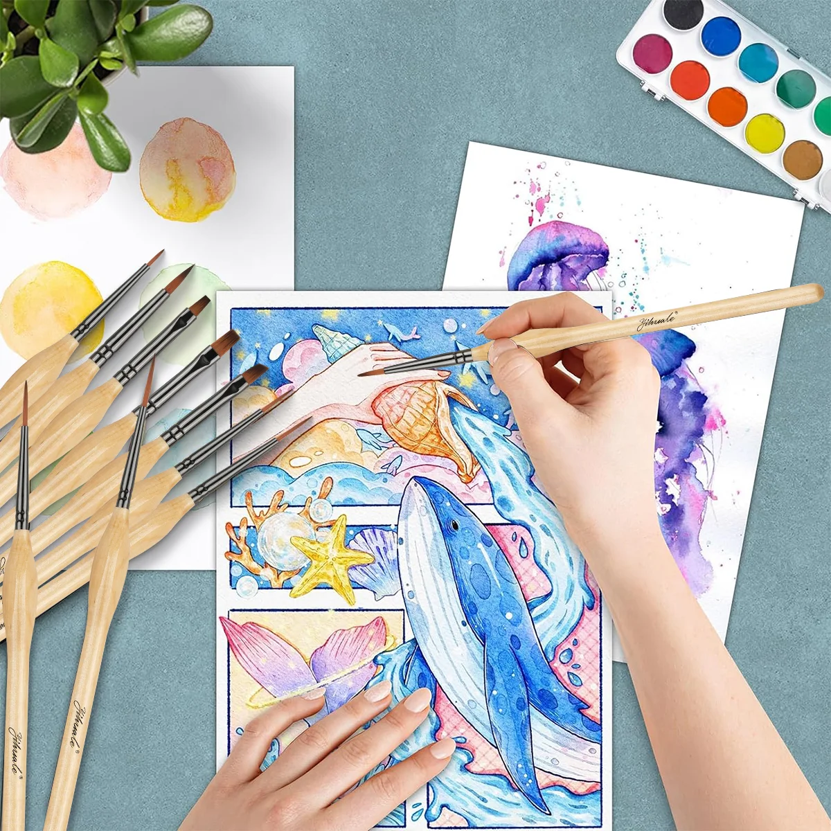 Professional Fine Line Oil Acrylic Painting Art Supplies Artist Paint Brush Set Drawing Pen With Nylon Hair Natural Wood Handle