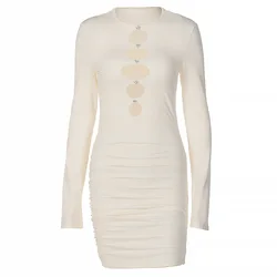 2022 Sexy Women Night Club Wear Crew Neck Hollow Out Rhinestone Long Sleeve Bodycon Mini Dresses