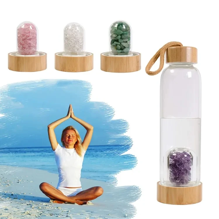 Custom Logo BPA Free Drink Crystal Infused Quartz Gemstone Crystal Healing glass Water Bottle