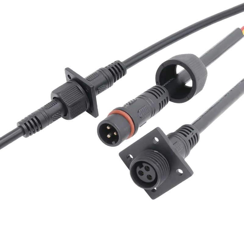 Threaded Waterproof IP65 cable connector with quadrate bulkhead female panel socket M14-01 3 pin for LED lighting project