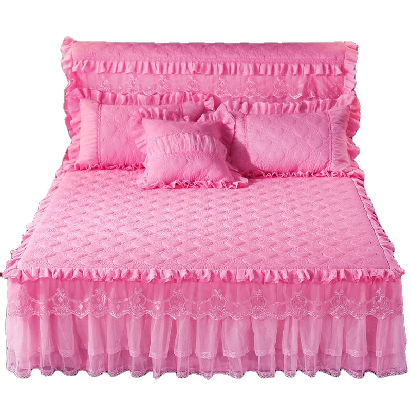 solid color velvet lace Hotel wedding 100%Cotton luxury modern  bed  cover fitted skirt sheets 4pcs Bedding Bedspread sets