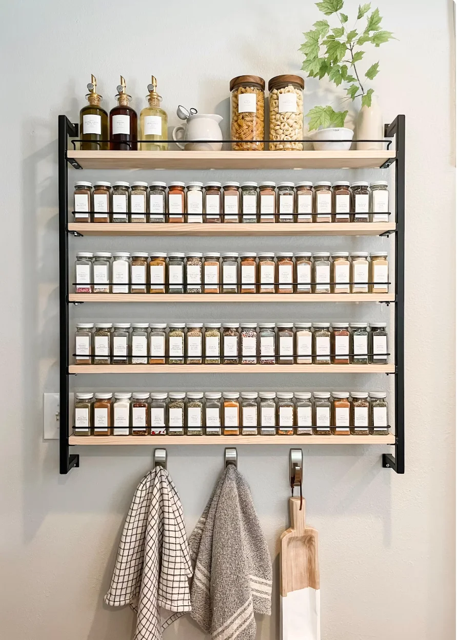 Wall Mounted Hanging Spice Rack Organizer- Heavy-duty Metal Cans Shelves With Wood Tray Organization and Storage