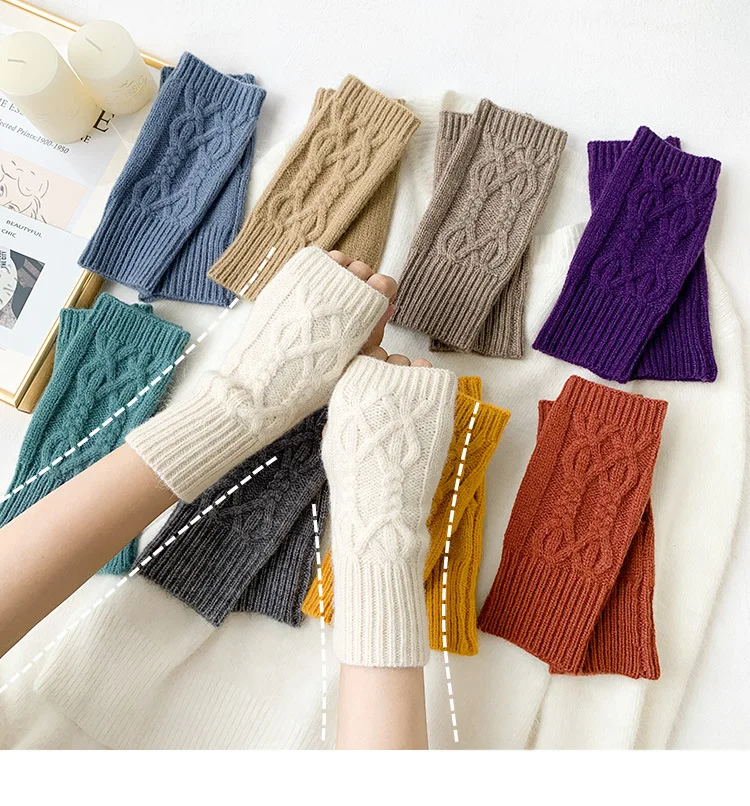 Women Winter Warm Knit Fingerless Gloves Hand Crochet Thumbhole Arm Warmers Mittens Gift
