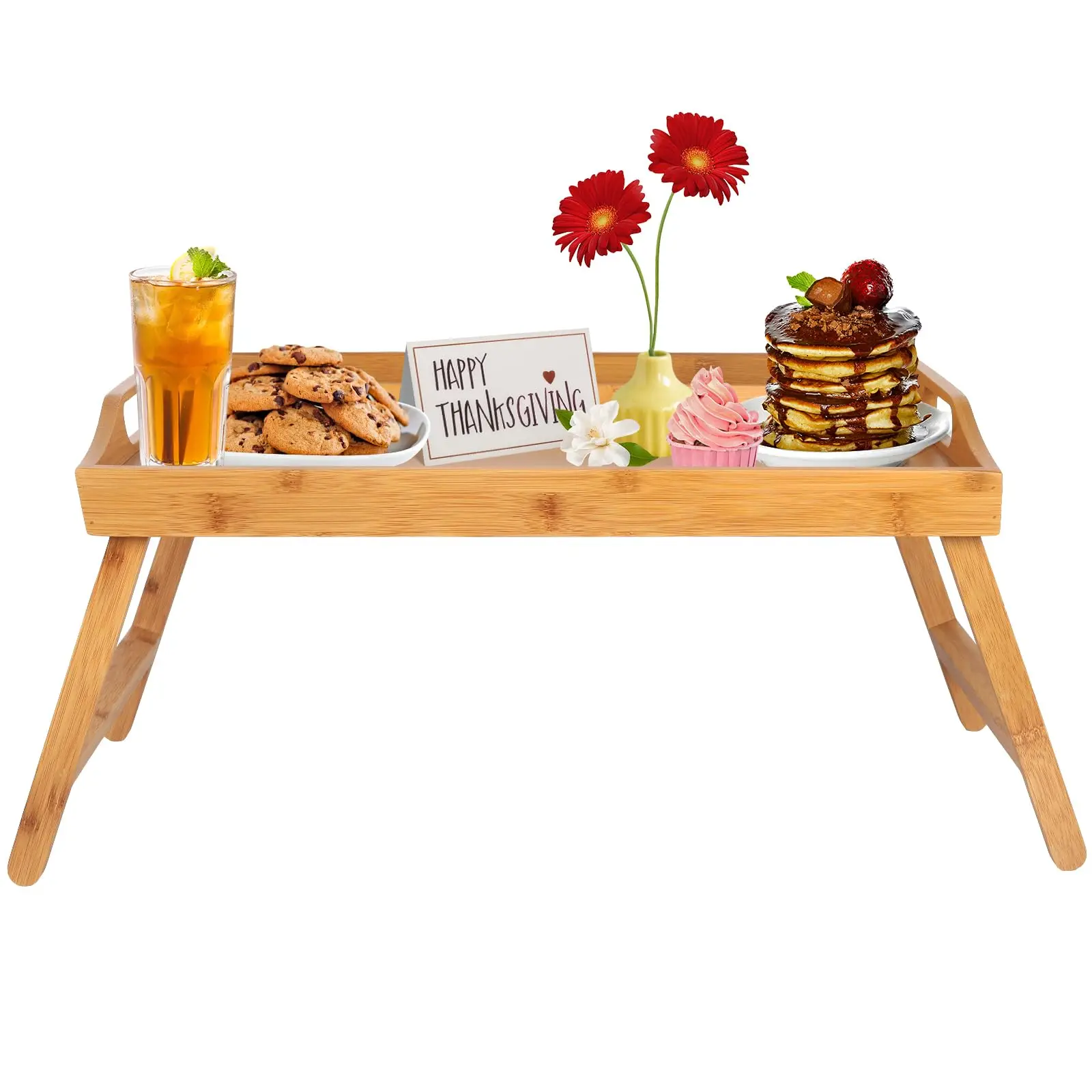 Bamboo Food Tray With Media Slot Use As Platter Laptop Desk Snack TV Tray Kitchen Serving Tray  with Handles Folding Legs