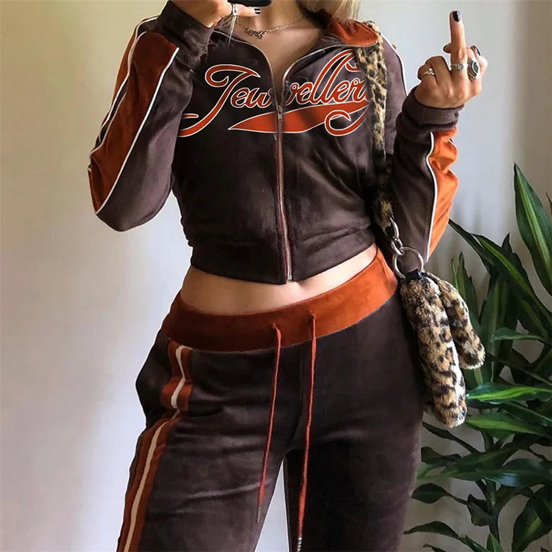 Letter Print Velvet Tracksuit Women 2 Piece Sets Fashion Outfits Female Zipper Sport Activitywear Suits Leisure Streetwear Moda