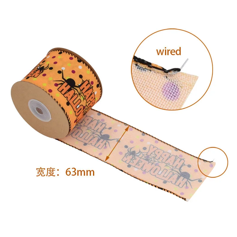 2 1/2 inch Custom logo pumpkin printed ribbon wired edge hallow ribbon burlap glitter printing ghost design wired ribbon