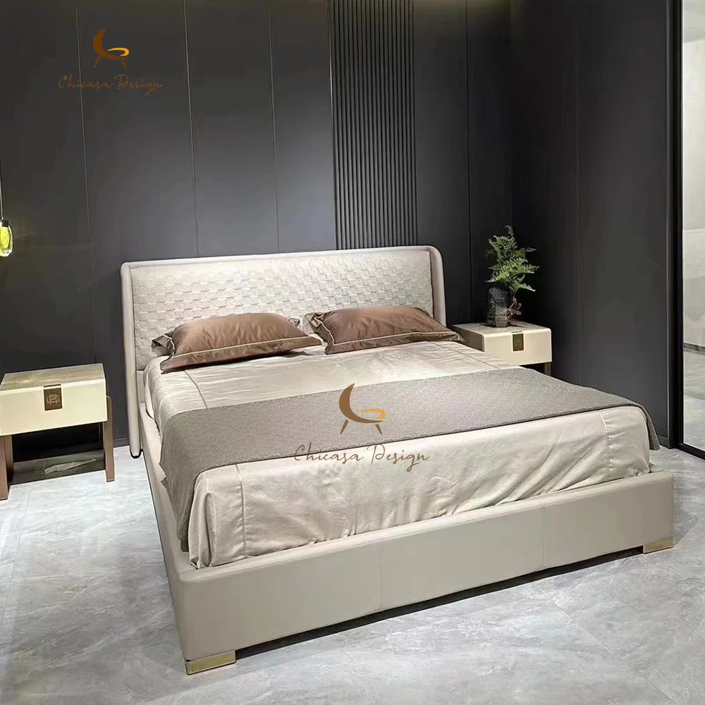 Factory customization bed high-end brand luxury bedroom  whole set dressing set Italy design genuine leather/microfiber bed
