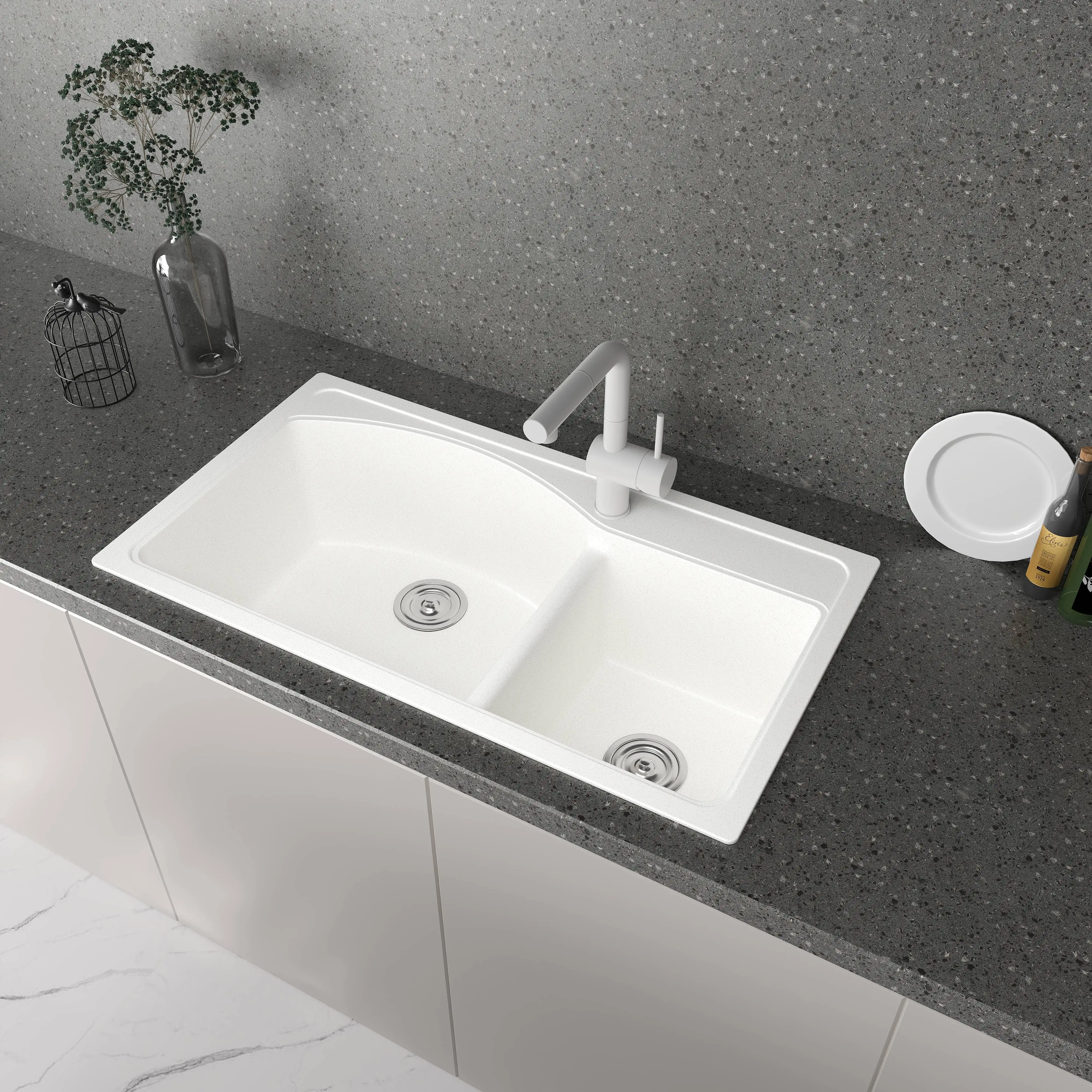 Modern Double Bowl Kitchen Sink Factory Simple Black White Undermount with Rectangular Shape One-Hole Installation for Hotels
