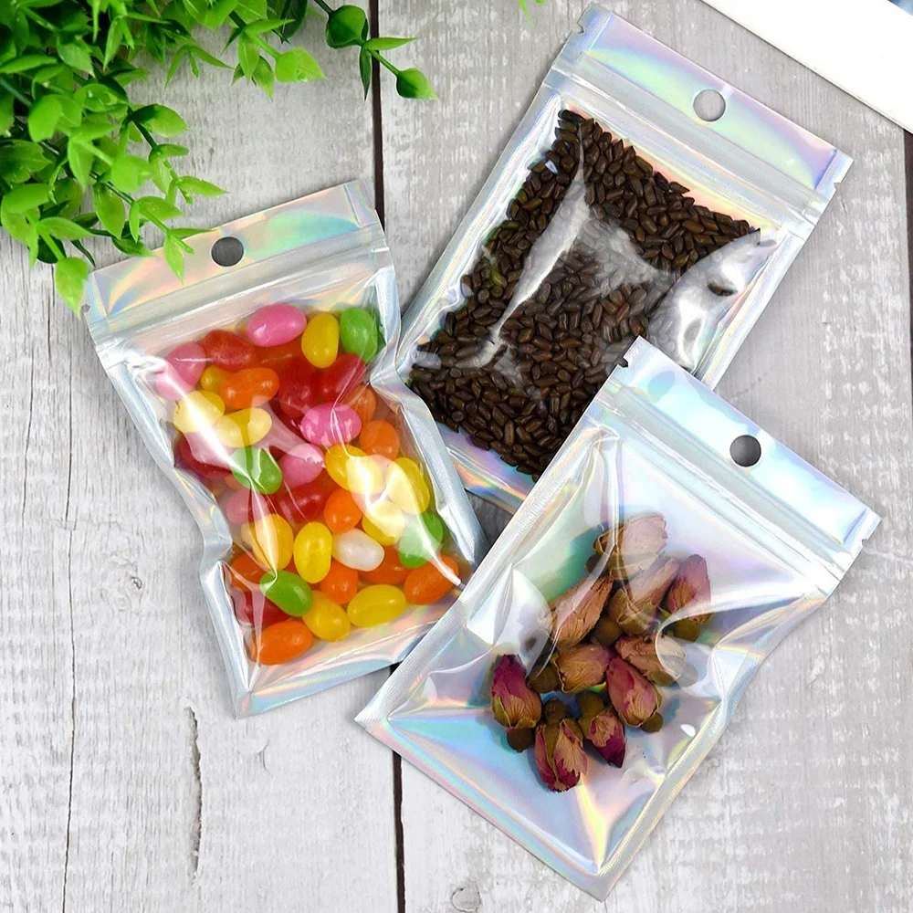 Customize Clear Front Stand Up Laser Plastic Packaging Holographic Bag,Transparent Snack Food Ziplock Mylar Three Side Seal Bags