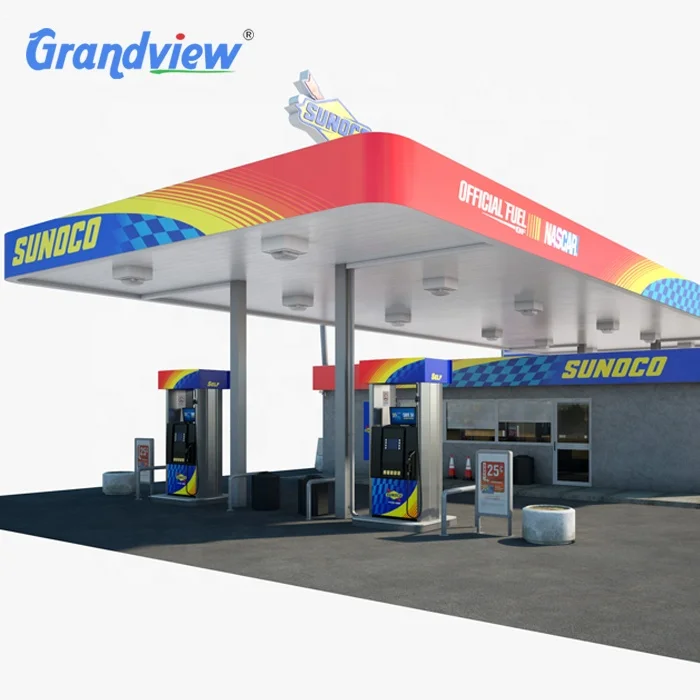 Gas Station Roofing Led Lights Petrol Fuel Steel Display Canopy Fascia Prefabricated Canopy Gas Station Decoration Canopy