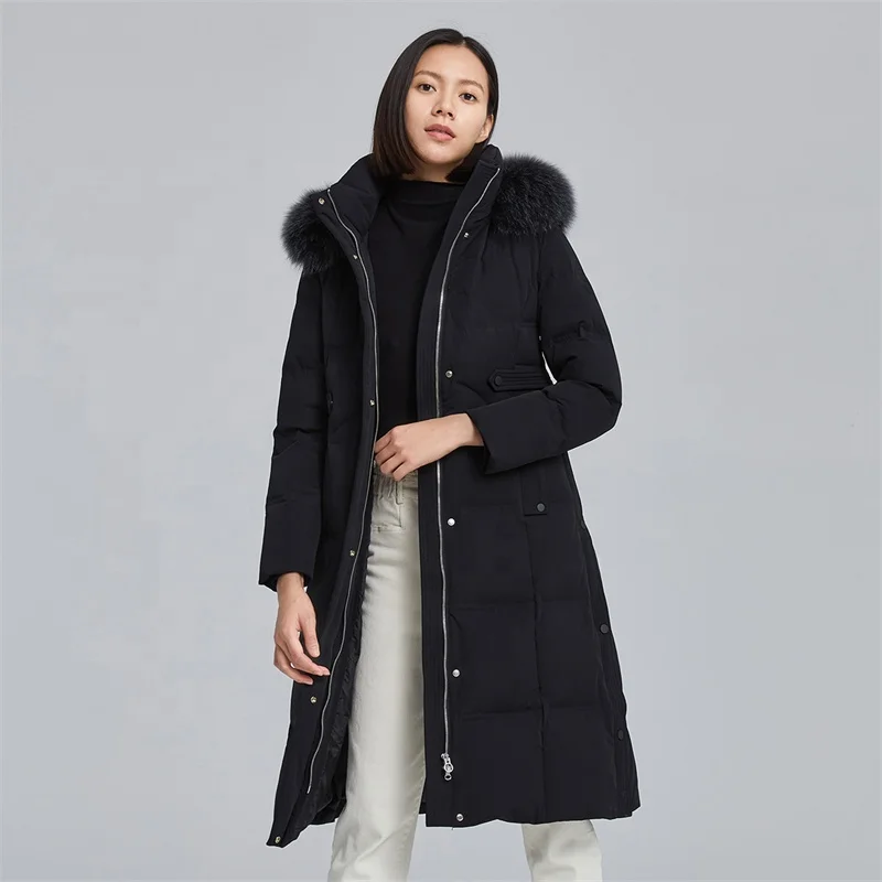 Luxury fox fur hooded warm women plus size winter coat long goose down jacket