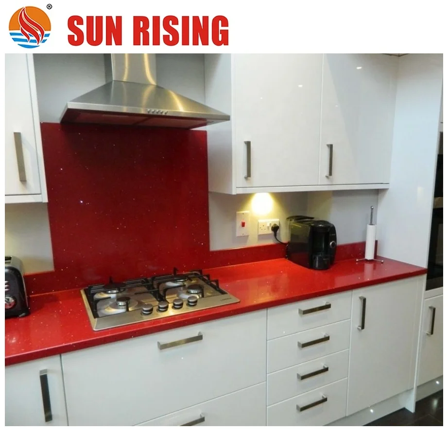 Modern Kitchen with Artificial Red Crystal Quartz Stone Countertop