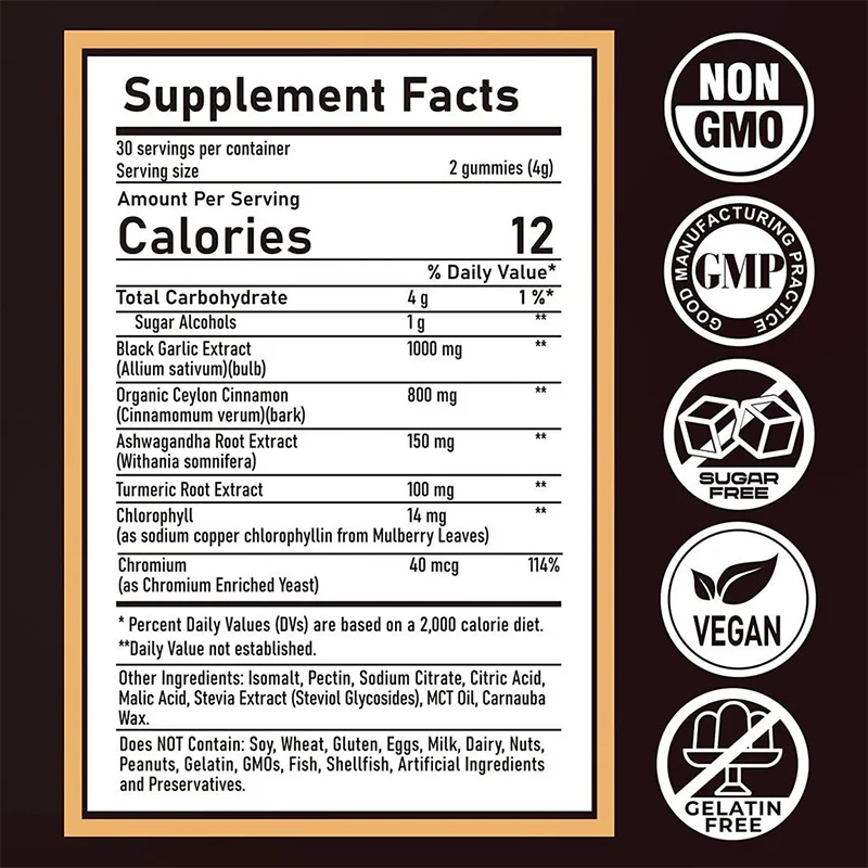 Aged Black Garlic Supplements 1000mg Plus Organic Ceylon Cinnamon and Chromium Gummy Candy
