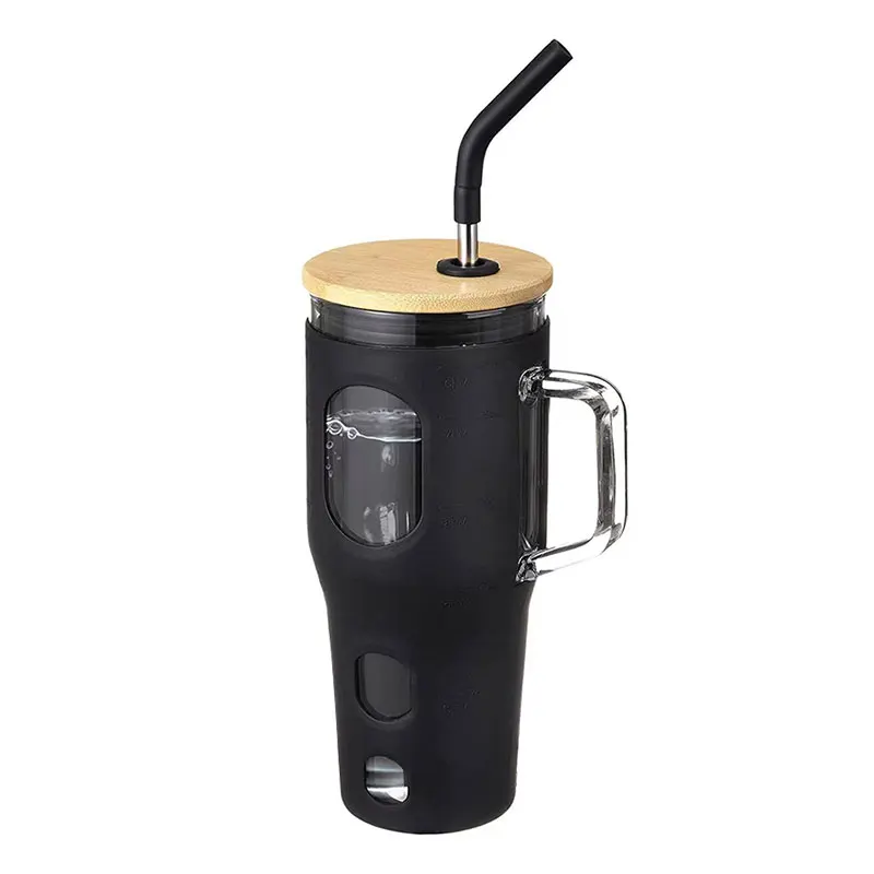 JM-K 2023 New Style 32Oz Borosilicate Glass Mug With Time Marker Tumbler Bamboo Lid and
