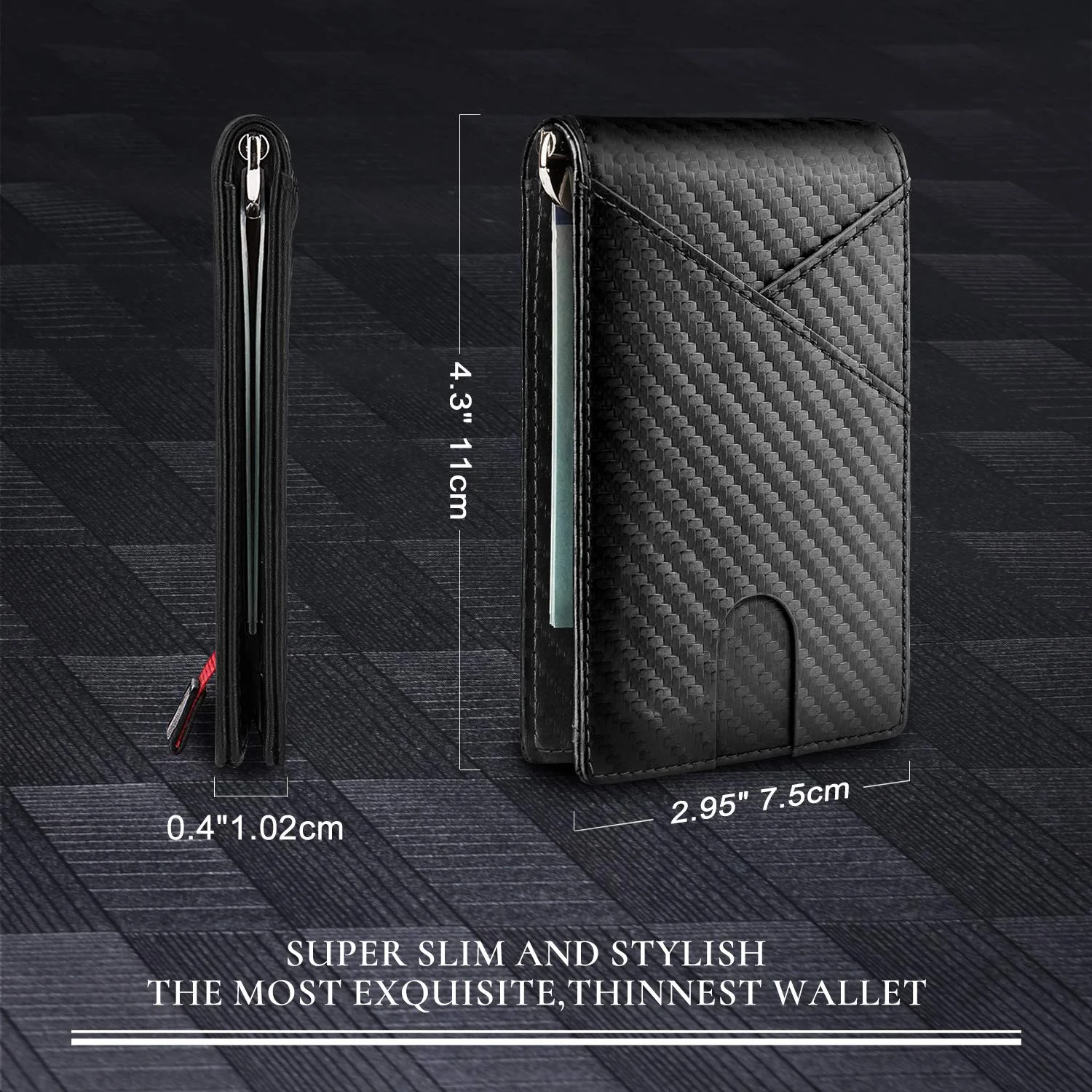 
Amazon hot sale multifunction slim genuine carbon fiber smooth leather rfid id credit card holder money clip wallet for men 