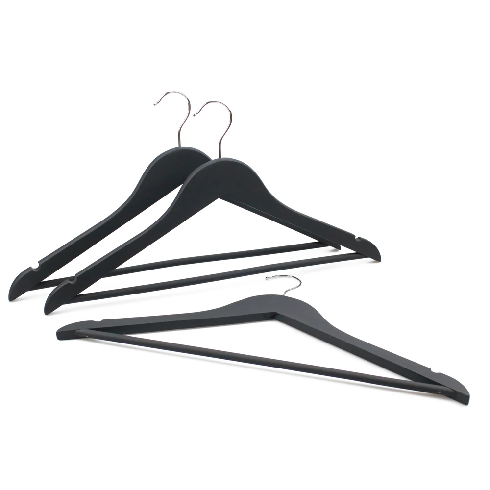 Factory Directly Supply Black Rubber Painted  Wooden Hanger  With Bar And Nothes Wooden Non Slip Suit Hanger