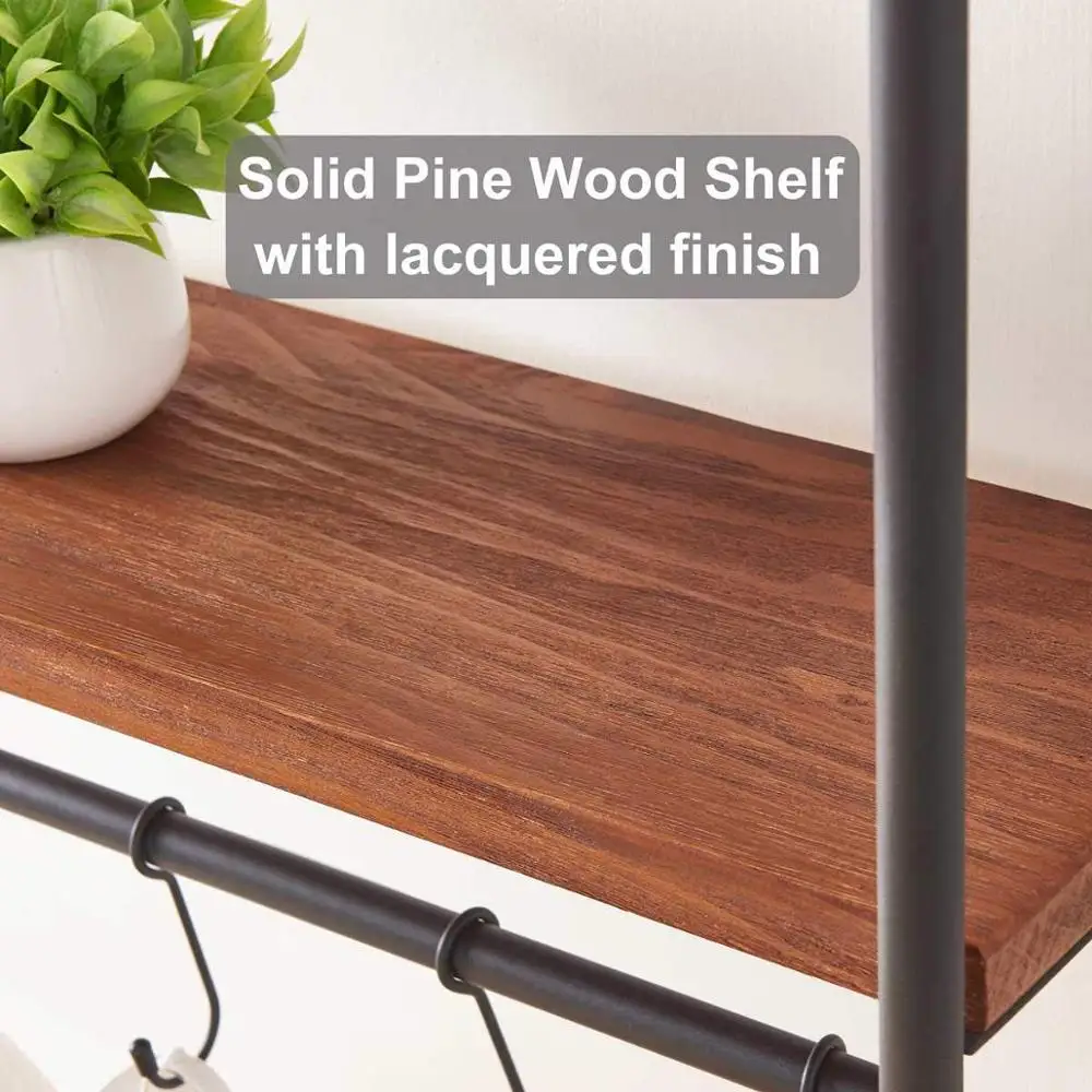 
Solid Wood Wall Shelf with Hooks, 2-Tier Shelves Wall Mounted for Kitchen Bathroom Bedroom and Office, Rustic Entryway Hanging S 
