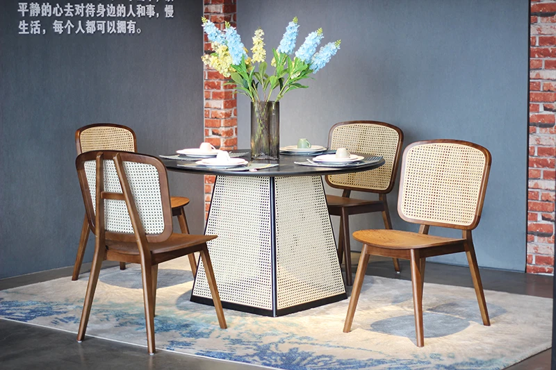 Special design Ming style brown ash wood caned wide dining chair for restaurant use