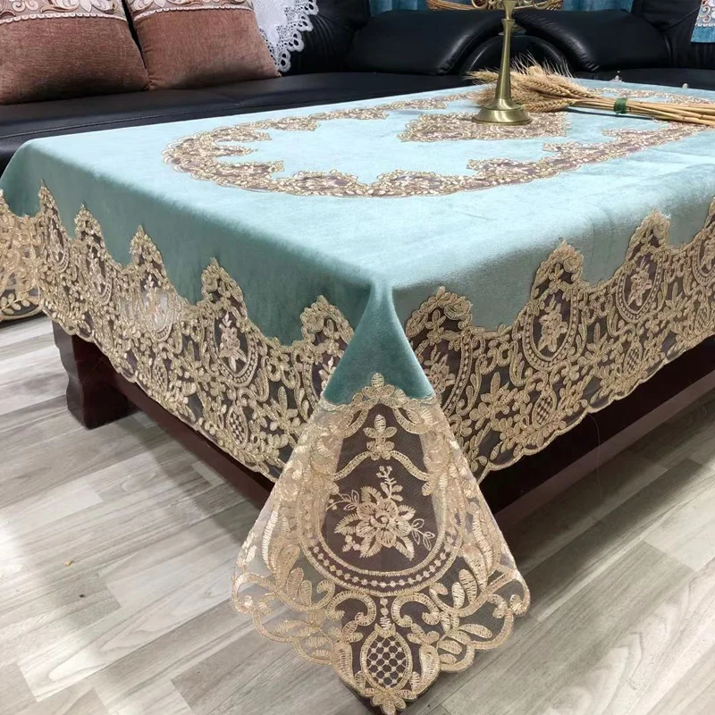 Lufu Wholesale Two-color Lace Tablecloth Velvet Fabric Modern Embroidery Lace Tablecloth Petal Tablecloths Velvet Table cloth