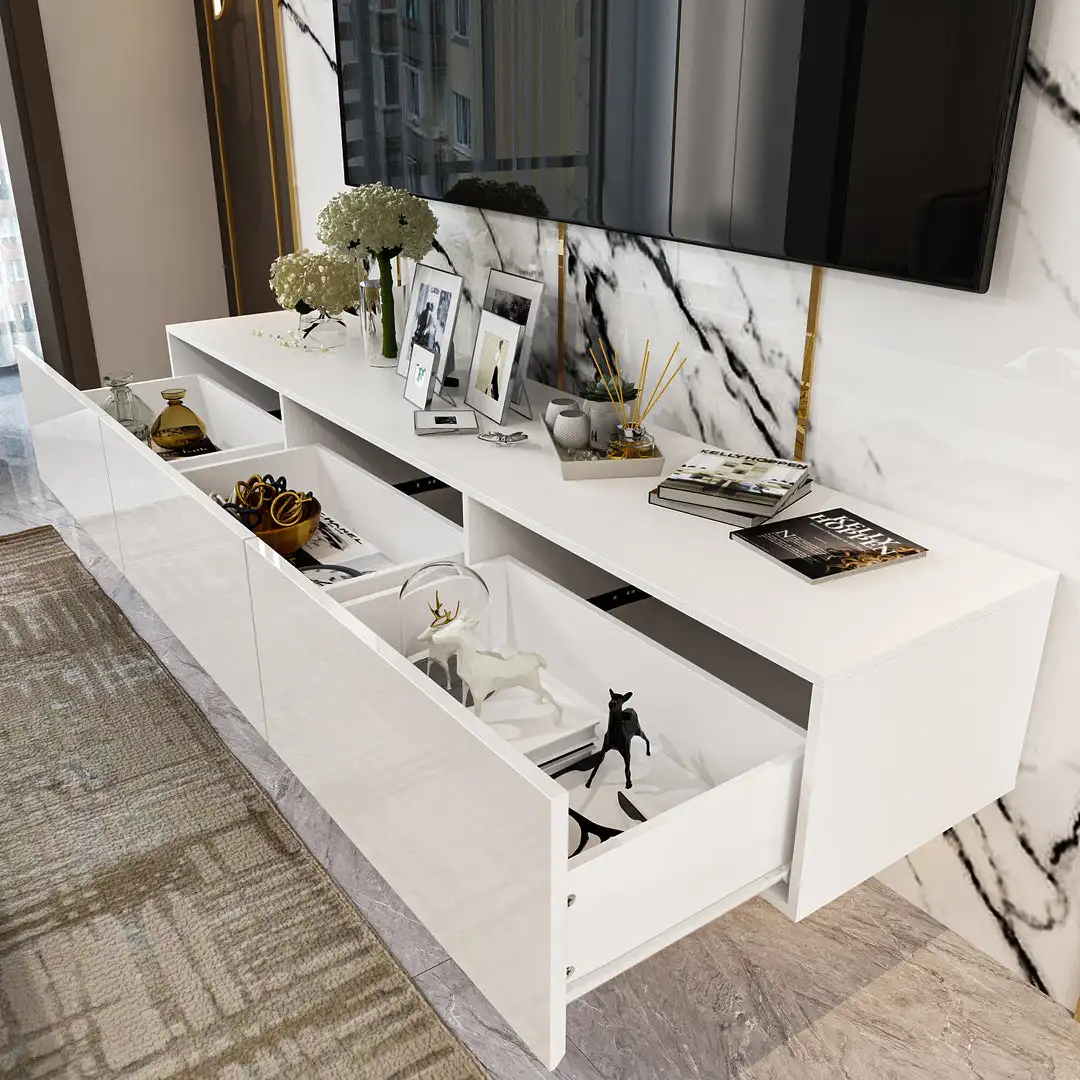 Floating Meuble Tv Wall Mounted Media Console Entertainment Center with LED Light Modern TV Stand Storage Table for Living Room