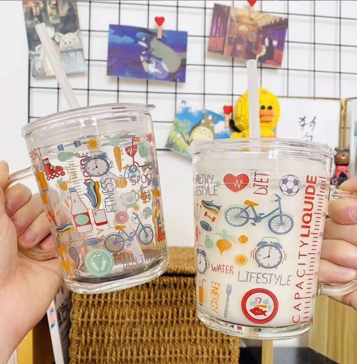 Wholesale cartoon glass straw cup children cute milk cup summer drink cup with straw