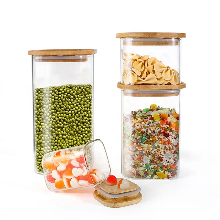  Glass Food Storage Containers Sets Airtight Jars With Bamboo Wooden Lids Kitchen Canisters For Sugar Candy Cookie Spice