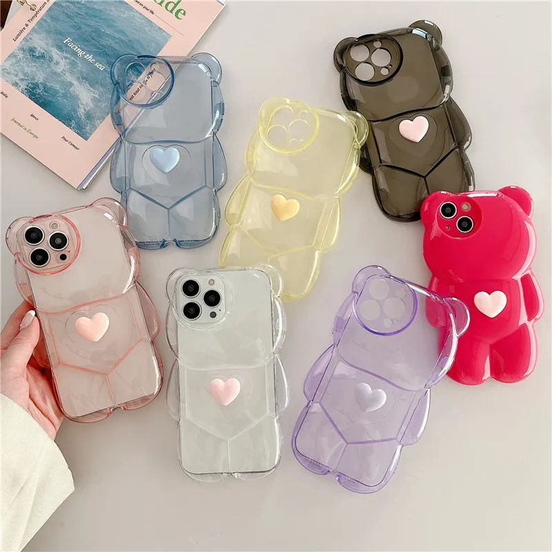for iphone 13 pro max case luxury fashion bear with heart , 3d cartoon silicone case for iphone 11