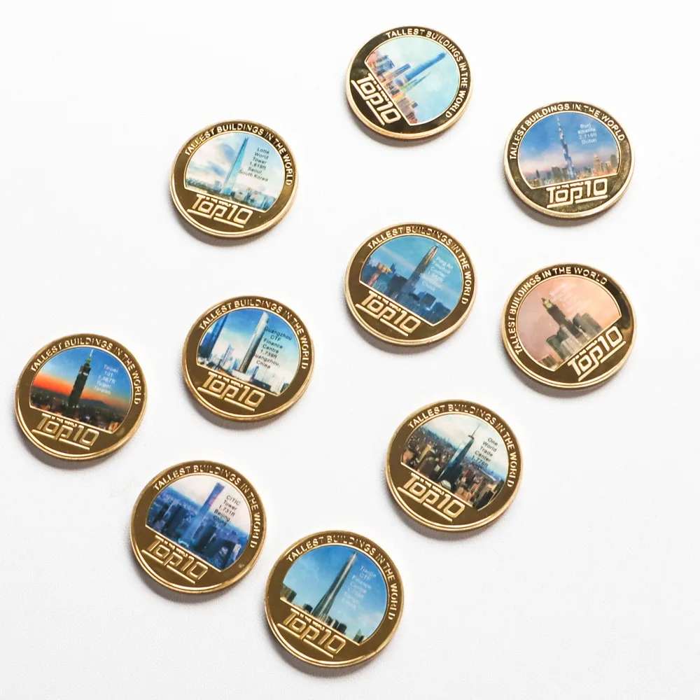 Wholesale 10PCS Top Tallest Buildings in the World Gold Plated Zinc Alloy Metal Commemorative Coins Set for Collection