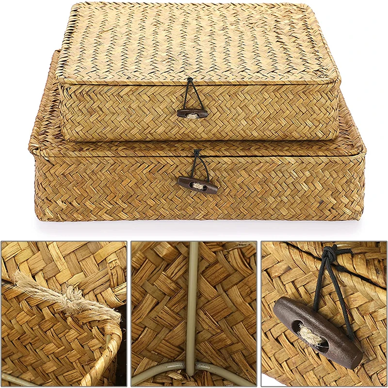 Woven wicker storage box multifunctional home storage box with cover, suitable for storing woven baskets on shelves