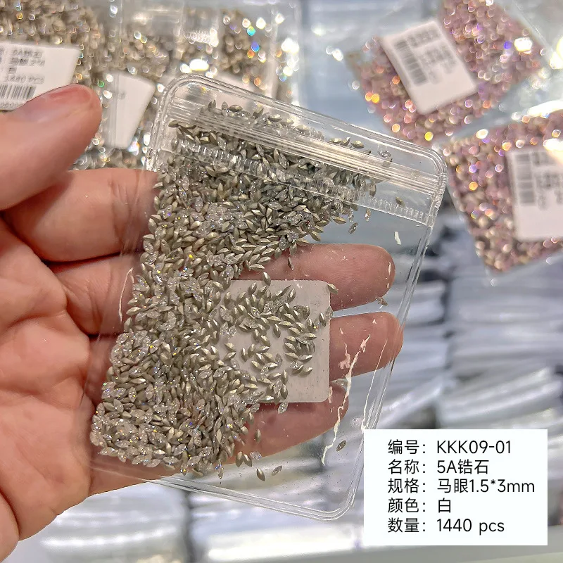 1440pcs/bag Pink Nail Rhinestone Pointed Bottom Multi-Size Nail Clear Crystal Diamond Horse eye 3D Bulk Drill Manicure