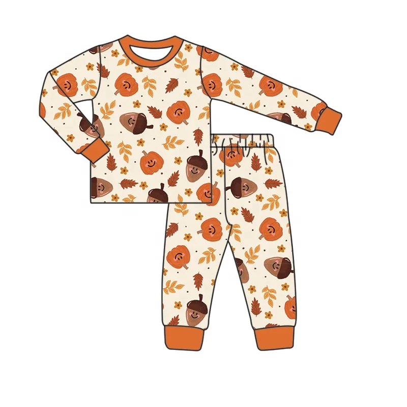 Cute baby outfit children bamboo fiber hazelnut pumpkin print pajama set baby round neck long sleeved two piece set