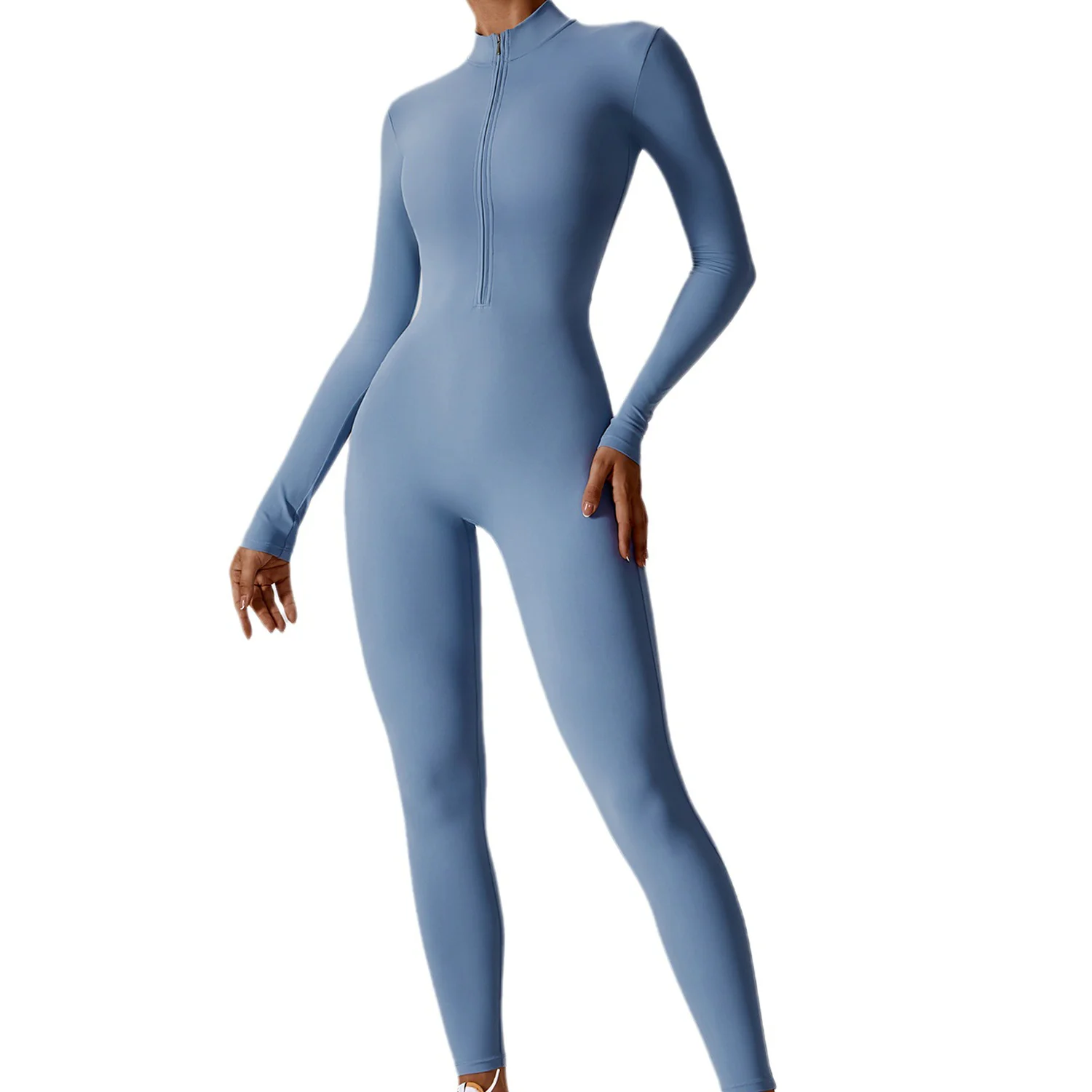 New Design Women Compression Soft Long Sleeve Stretchy Front Zipper Lightweight Yoga Jumpsuit