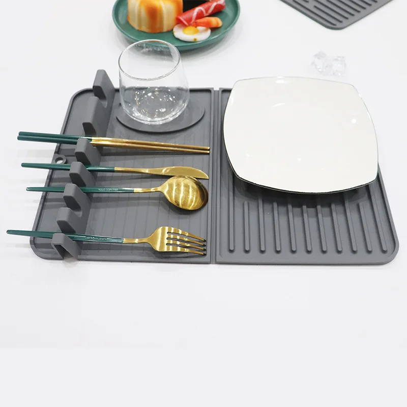 New Product Multi-functional Silicone Spoon Rest & Dish Drying Mat Utensil Rest Spatula Holder With Drip Mat