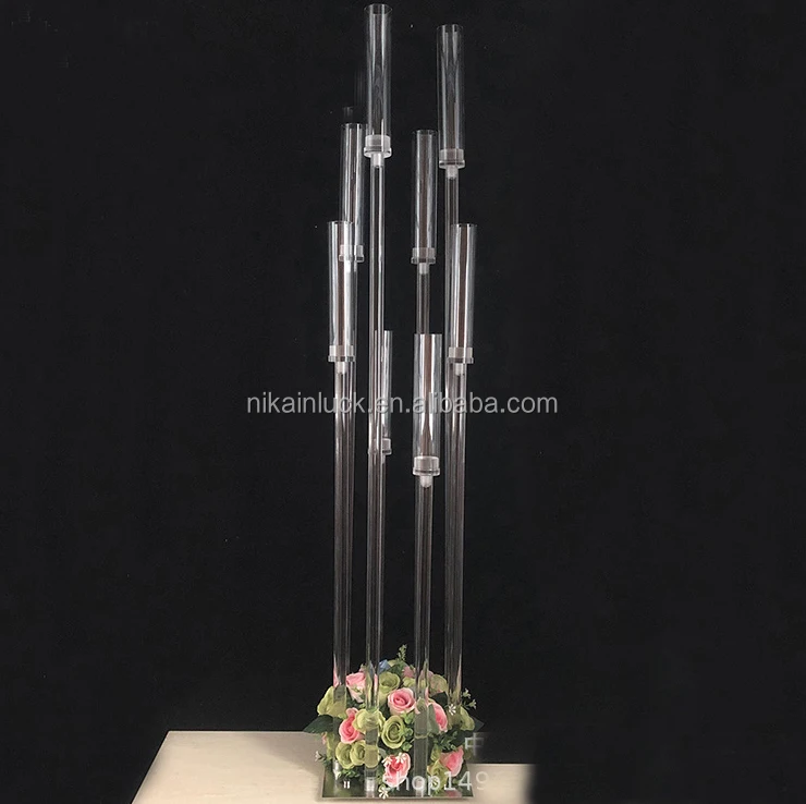 Wholesale 8 Arms Long Stemmed Glass Tube Vase Crystal Candle Holders Wedding Table Centerpieces Candelabra