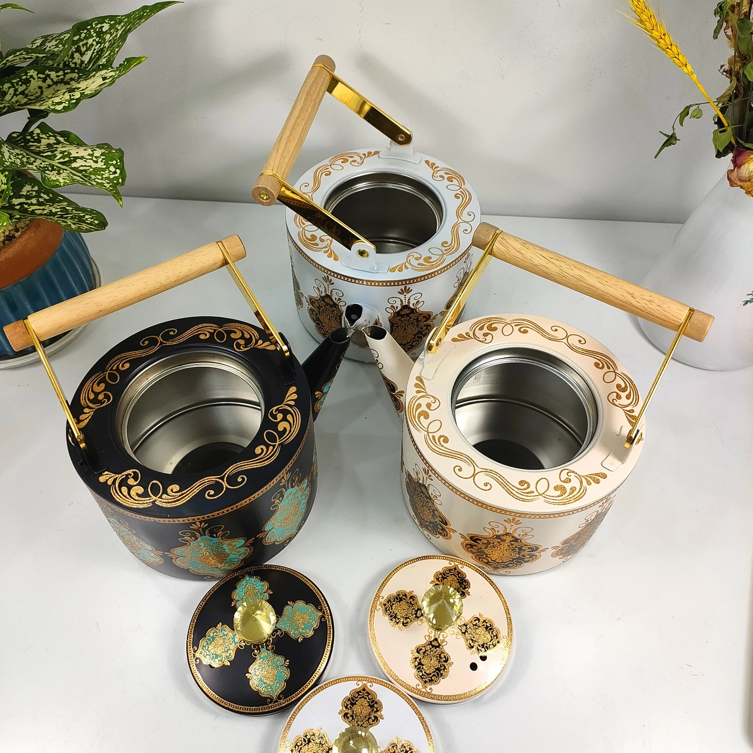 Boyang good quality custom teapot with wooden handle 1/1.5/2L gold plated stainless steel water kettle