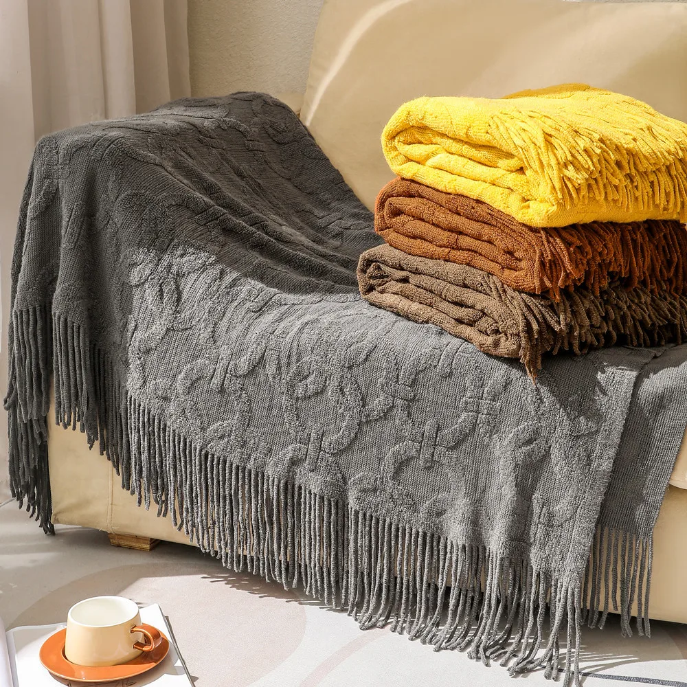 American Style Solid Color Acrylic Jacquard Throw Blanket With Tasseled Edge Soft Warm Decorative Knitting Blanket For Sofa
