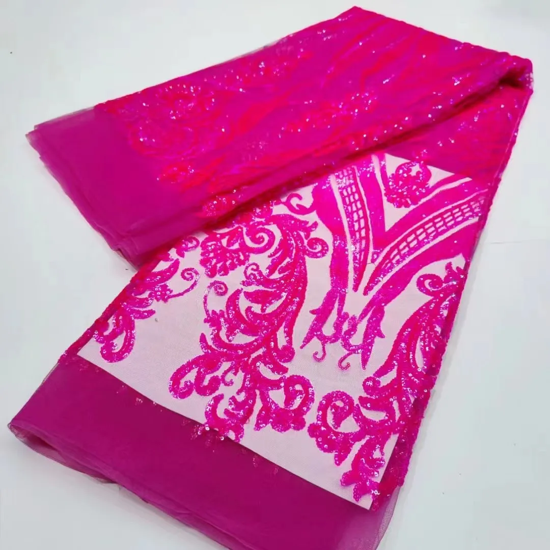 Newest African 100% Polyester Sequin Embroidery Lace Fabric Glitter Green Nigeria Embrideried Mesh Fabric For Wedding Dress