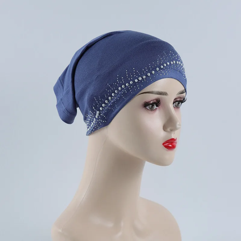New Arrival Pearl Beaded Turban Underscarf Muslim Women Stretchy Modal Bronzing Diamond Jersey Inner Hijab Cap