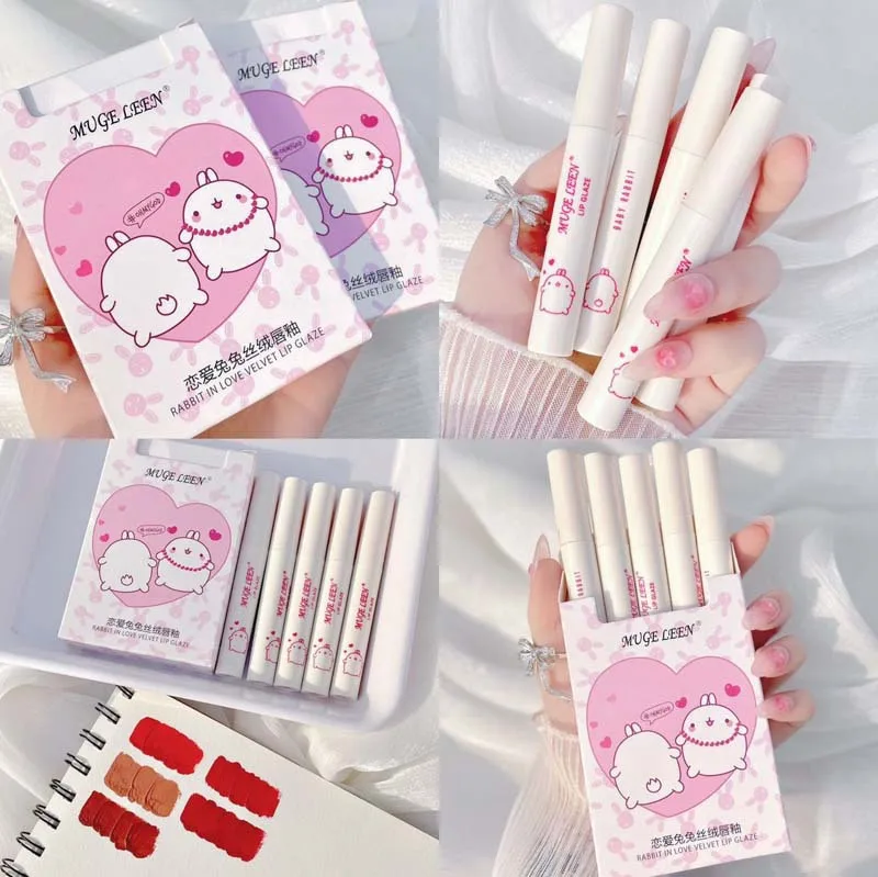 Mugeleen 5pcs/set Lip Gloss Kit Makeup Matte Lips Long Lasting Waterproof Velvet Liquid Lipstick Sexy Tint