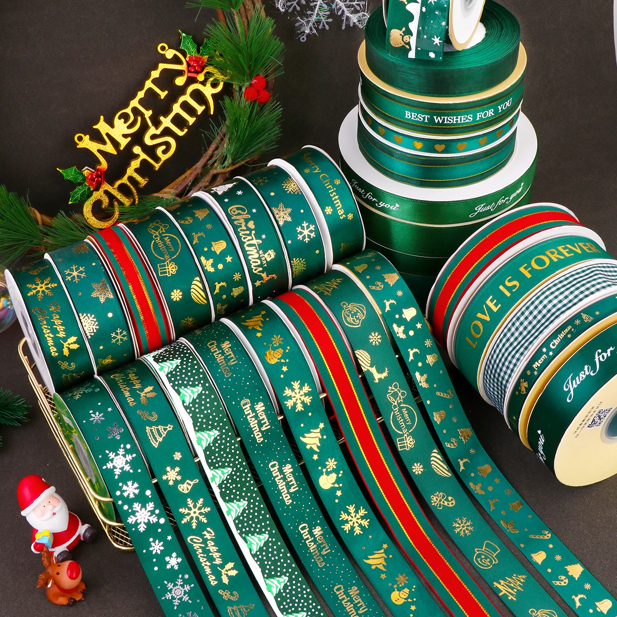 Зеленая Красная рождественская елка Лось колокольчик пятна Гро-Гро Новогодняя лента